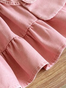 SHEIN 女嬰時尚休閒可愛仙女風熱帶3D花朵裝飾牛仔無袖洋裝與包包套裝，適合秋季室內度假，灰粉色 - 粉色 - 查看 7