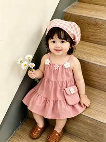 SHEIN 女嬰時尚休閒可愛仙女風熱帶3D花朵裝飾牛仔無袖洋裝與包包套裝，適合秋季室內度假，灰粉色 - 粉色 - 查看 8