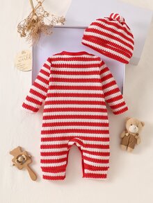 SHEIN 新生兒嬰兒秋季紅白條紋舒適休閒字母刺繡長袖連身衣 + 帽子，適合任何場合與節日 - 紅色 - 查看 2