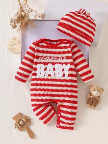 SHEIN 新生兒嬰兒秋季紅白條紋舒適休閒字母刺繡長袖連身衣 + 帽子，適合任何場合與節日 - 紅色 - 查看 7