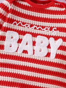 SHEIN 新生兒嬰兒秋季紅白條紋舒適休閒字母刺繡長袖連身衣 + 帽子，適合任何場合與節日 - 紅色 - 查看 4