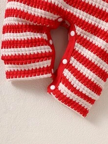 SHEIN 新生兒嬰兒秋季紅白條紋舒適休閒字母刺繡長袖連身衣 + 帽子，適合任何場合與節日 - 紅色 - 查看 5