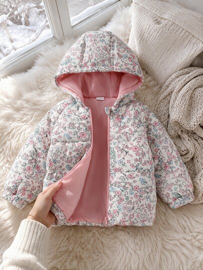 SHEIN Baby Girl Winter Hooded Padded Coat, Zipper Bear Coat, Outdoor Casual Versatile Ditsy Floral