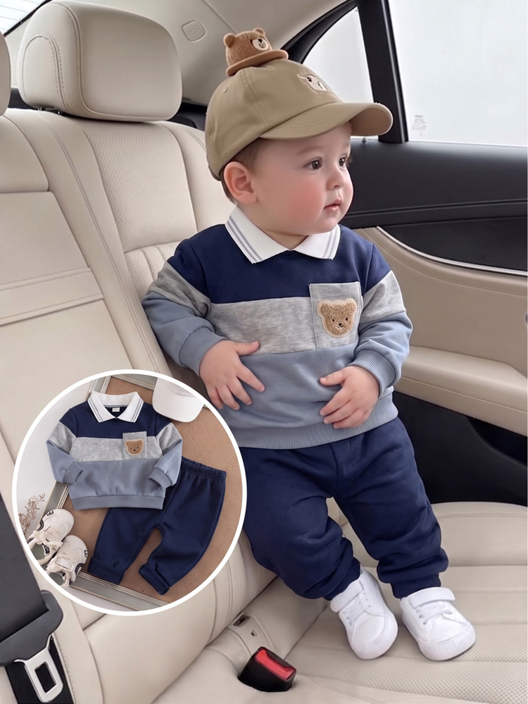 SHEIN Playful Pals 2pcs Baby Boy Polo Sweatshirt Set Cute Preppy Navy Grey Bear Patch Colorblock Long Sleeve Polo Collar Lightweight Outdoor Fall Sweaters Holiday Pocket - Grey - View 1