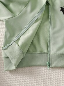 SHEIN ChillGRL Streecool 青少女女孩 2 件套秋季服飾 常規厚度針織休閒百搭連帽拉鍊運動外套與寬鬆寬腿長褲套裝 馬術運動圖案印花裝飾 適合休閒運動 - 綠色 - 查看 7