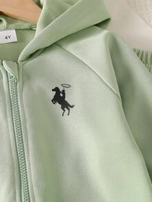 SHEIN ChillGRL Streecool 青少女女孩 2 件套秋季服飾 常規厚度針織休閒百搭連帽拉鍊運動外套與寬鬆寬腿長褲套裝 馬術運動圖案印花裝飾 適合休閒運動 - 綠色 - 查看 5