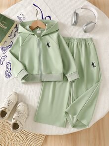 SHEIN ChillGRL Streecool 青少女女孩 2 件套秋季服飾 常規厚度針織休閒百搭連帽拉鍊運動外套與寬鬆寬腿長褲套裝 馬術運動圖案印花裝飾 適合休閒運動 - 綠色 - 查看 3