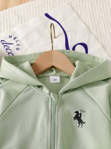 SHEIN ChillGRL Streecool 青少女女孩 2 件套秋季服飾 常規厚度針織休閒百搭連帽拉鍊運動外套與寬鬆寬腿長褲套裝 馬術運動圖案印花裝飾 適合休閒運動 - 綠色 - 查看 4