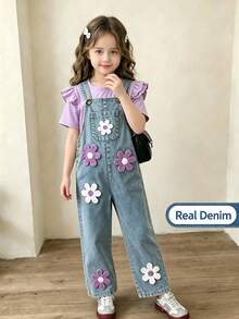 Elladie kids 女童可愛牛仔吊帶褲花朵刺繡，紫色荷葉袖T恤套裝，小女孩復古西部風格穿搭，夏季，7歲生日禮物 - 彩色 - 查看 7
