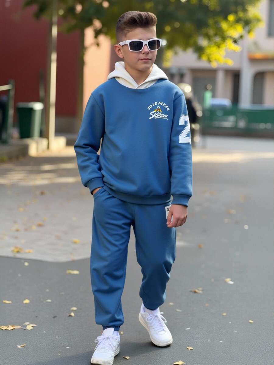 Explorewe 青少年男孩滑板字母印花撞色连帽衫和运动裤套装 - 霧霾藍 - 查看 1