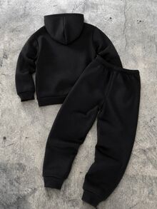SHEIN 2-delat set med hoodie och sweatshirt för pojkar, tidig höst, back to school, baggy sportig streetwearstil, litet logotryck, byxor med svart patchwork på sidan - Svart - Visa 2