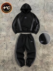 SHEIN 2-delat set med hoodie och sweatshirt för pojkar, tidig höst, back to school, baggy sportig streetwearstil, litet logotryck, byxor med svart patchwork på sidan - Svart - Visa 5
