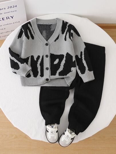 SHEIN 2pcs/Set Boys Sweater Set, Minimalist Versatile V-Neck Light Gray & Black Contrast Jacquard Pattern Single-Breasted Design, Long Sleeve Cardigan Paired With Black Straight Leg Cuffed Sweater Pants, Vintage Street Style, Regular Thickness, Neat Hem And Tight Cuffs, Stylish And Unique, Suitable For Daily Wear, Casual Outings And Outdoor Activities, Autumn/Winter