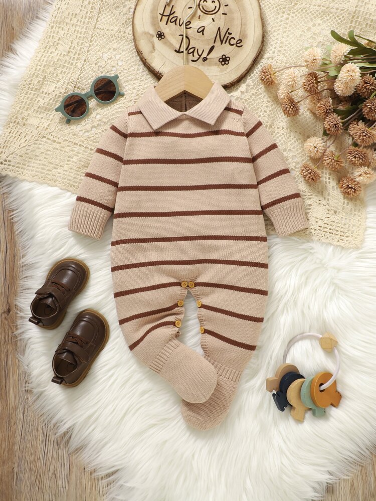 SHEIN Newborn Beige Collared Knit Footed Romper, Vintage Contrast Color Horizontal Long Sleeve Sweater Bodysuit, Unisex Baby 100 Days Photo Outfit, Autumn - Coffee Brown - View 7