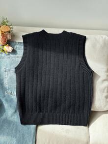 SHEIN 青少年女孩黑白配色V領刺繡針織背心毛衣，秋季休閒可愛校園校外穿搭 - 黑色 - 查看 2
