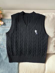 SHEIN 青少年女孩黑白配色V領刺繡針織背心毛衣，秋季休閒可愛校園校外穿搭 - 黑色 - 查看 8