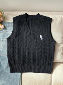 SHEIN 青少年女孩黑白配色V領刺繡針織背心毛衣，秋季休閒可愛校園校外穿搭 - 黑色 - 查看 3