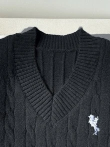 SHEIN 青少年女孩黑白配色V領刺繡針織背心毛衣，秋季休閒可愛校園校外穿搭 - 黑色 - 查看 4