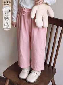 SHEIN Girls' Spring/Autumn Floral Bud Waist Bow Casual Long Pants, 3-7 Years Old, Solid Color Loose Straight Leg Versatile Young Girl Pants - Pink - View 3