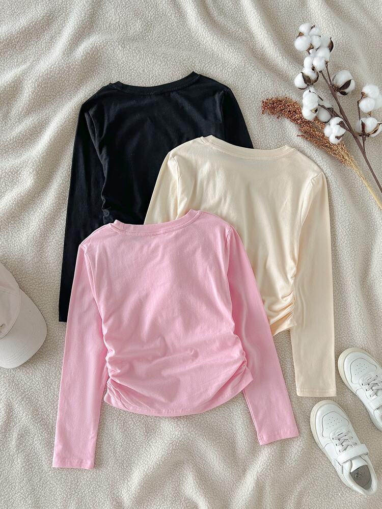 6Pcs Tween Girls Cotton Solid Color Long Sleeve Base Layer Fall Tops, Casual Bow Pattern Slim Fit T-Shirts, 3 Colors Available - Multicolor - View 4