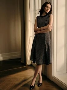 MOTF PREMIUM WOMEN'S FASHION ELEGANT SOPHISTICATED AUTUMN/WINTER CONTRAST LACE SLEEVELESS FAUX KNIT PLAID WAIST-CINCHING SLIMMING MID-LENGTH DRESS - Black and Purple - View 5