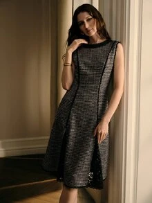 MOTF PREMIUM WOMEN'S FASHION ELEGANT SOPHISTICATED AUTUMN/WINTER CONTRAST LACE SLEEVELESS FAUX KNIT PLAID WAIST-CINCHING SLIMMING MID-LENGTH DRESS - Black and Purple - View 6