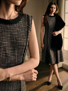 MOTF PREMIUM WOMEN'S FASHION ELEGANT SOPHISTICATED AUTUMN/WINTER CONTRAST LACE SLEEVELESS FAUX KNIT PLAID WAIST-CINCHING SLIMMING MID-LENGTH DRESS - Black and Purple - View 1