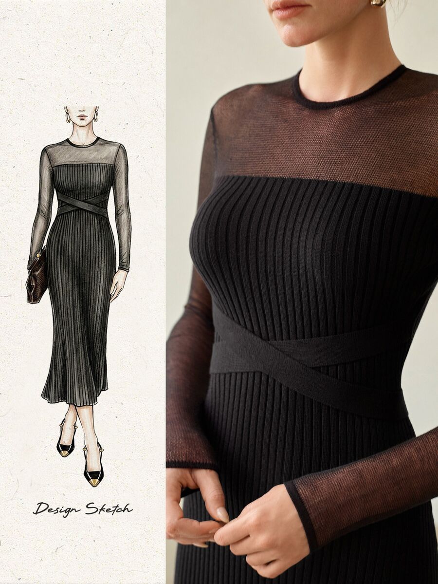 MOTF PREMIUM WOMEN'S PATCHWORK SHEER MESH LONG SLEEVE FITTED WAIST TIE MERMAID HEM SWEATER DRESS