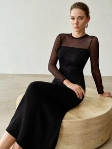 MOTF PREMIUM WOMEN'S PATCHWORK SHEER MESH LONG SLEEVE FITTED WAIST TIE MERMAID HEM SWEATER DRESS - Black - View 8