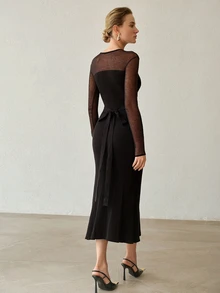 MOTF PREMIUM WOMEN'S PATCHWORK SHEER MESH LONG SLEEVE FITTED WAIST TIE MERMAID HEM SWEATER DRESS - Black - View 4