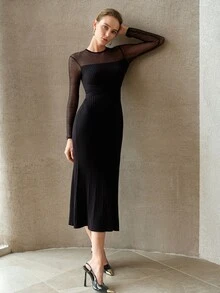 MOTF PREMIUM WOMEN'S PATCHWORK SHEER MESH LONG SLEEVE FITTED WAIST TIE MERMAID HEM SWEATER DRESS - Black - View 6