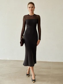MOTF PREMIUM WOMEN'S PATCHWORK SHEER MESH LONG SLEEVE FITTED WAIST TIE MERMAID HEM SWEATER DRESS - Black - View 3