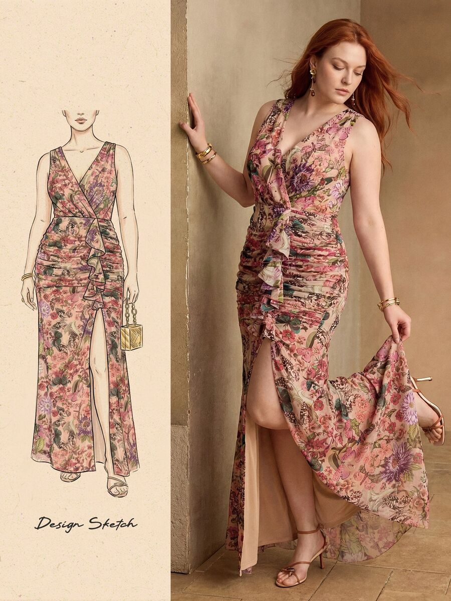 MOTF PREMIUM Gaun tanpa lengan motif bunga kecil elegan vintage, gaun sifon berpotongan V dengan pinggang berpilin dan detail kerutan, cocok untuk pernikahan dan pesta malam pernikahan, warna krem musim dingin. - MultiWarna - View 1