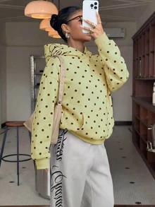 Muchica 女款針織波點黃色長袖連帽衛衣，適合早午餐、秋季街頭穿搭，可愛風格 - 鵝黃色 - 查看 3