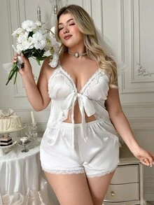 SHEIN Plus Size Bridal Series Satin Contrast Lace Trim Wireless Bra & Panty Set, 2 Pieces - White - View 4