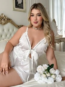 SHEIN Plus Size Bridal Series Satin Contrast Lace Trim Wireless Bra & Panty Set, 2 Pieces - White - View 5