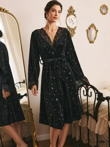 Côtesoire Women's French Elegant Butterfly Velvet & Lace Patchwork Long Robe - Black - View 6
