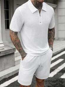 Manfinity Homme Men's Summer Zipper Half-Placket Short Sleeve Polo Shirt And Drawstring Waist Shorts Set, Streetwear, Casual - White - View 1