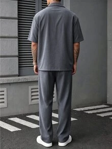 SLATEMANN Men's Grey Tone Loose Drop Shoulder Mature Casual Short Sleeve Shirt And Solid Color Straight Leg Single Pleat Zipper Trousers Set - Dark Grey - View 2