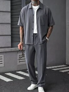 SLATEMANN Men's Grey Tone Loose Drop Shoulder Mature Casual Short Sleeve Shirt And Solid Color Straight Leg Single Pleat Zipper Trousers Set - Dark Grey - View 5