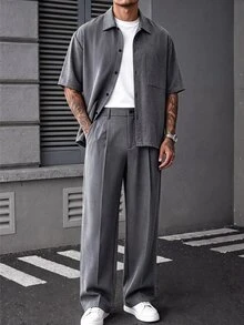 SLATEMANN Men's Grey Tone Loose Drop Shoulder Mature Casual Short Sleeve Shirt And Solid Color Straight Leg Single Pleat Zipper Trousers Set - Dark Grey - View 6