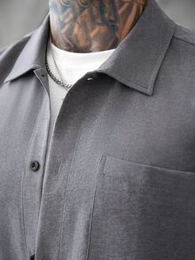 SLATEMANN Men's Grey Tone Loose Drop Shoulder Mature Casual Short Sleeve Shirt And Solid Color Straight Leg Single Pleat Zipper Trousers Set - Dark Grey - View 3