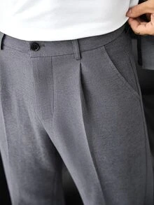 SLATEMANN Men's Grey Tone Loose Drop Shoulder Mature Casual Short Sleeve Shirt And Solid Color Straight Leg Single Pleat Zipper Trousers Set - Dark Grey - View 4