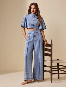 Selenza Women's Frog Button Design Ruffle Short Sleeve Cropped Denim Jacket - Blue - View 2