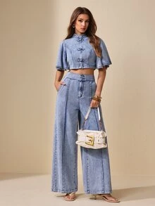 Selenza Women's Frog Button Design Ruffle Short Sleeve Cropped Denim Jacket - Blue - View 3