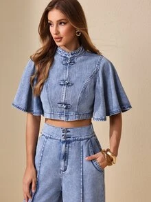 Selenza Women's Frog Button Design Ruffle Short Sleeve Cropped Denim Jacket - Blue - View 5