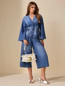 Selenza Women's Wide Leg Loose Casual Versatile Cropped Denim Jeans - Blue - View 8