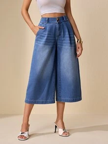Selenza Women's Wide Leg Loose Casual Versatile Cropped Denim Jeans - Blue - View 6