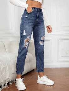 EMERY ROSE Women's Pocketed Distressed Tapered Casual Versatile Denim Jeans Women Jeans High Waisted - Dark Wash - View 5