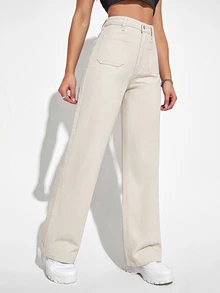 Jeanoix Petite Y2K Women's Fashion Button Pocket Straight Leg Denim Jeans - Apricot - View 5